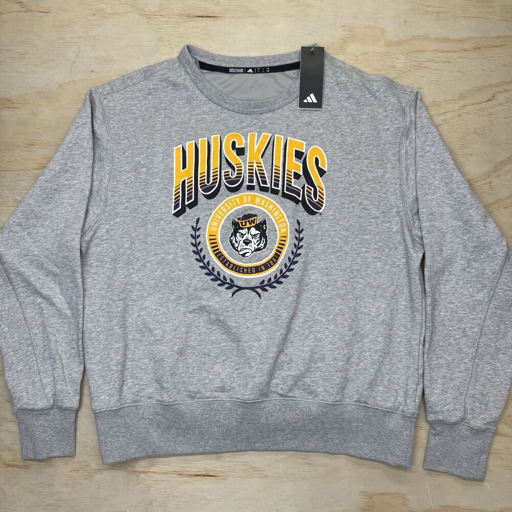 NEW Washington Huskies Adidas Throwback Logo Crewneck Sweatshirt Gray  LG